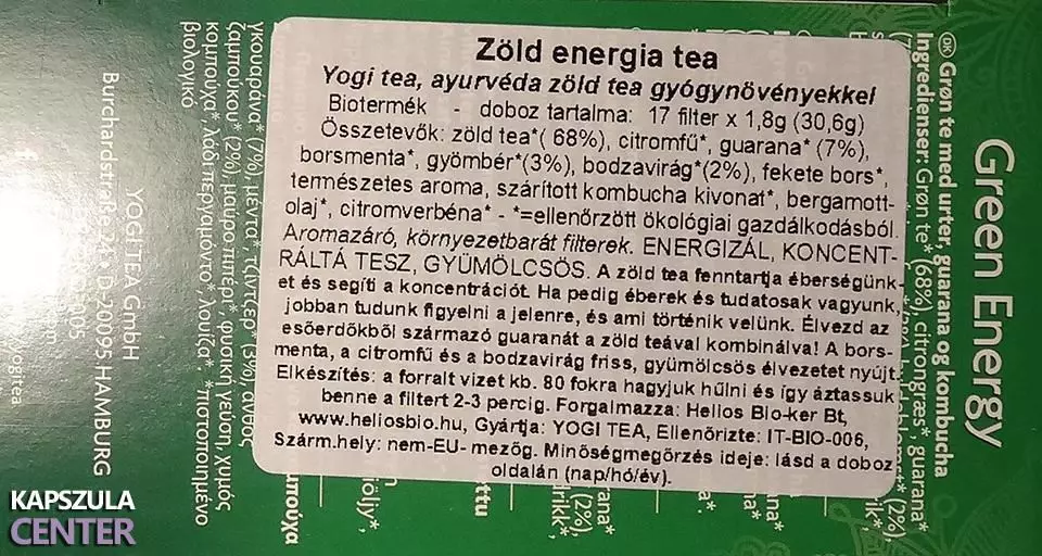 Bio Yogi zöld energia tea összetevők