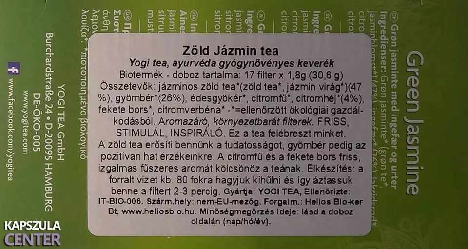 Bio Yogi zöld jázmin tea összetevők