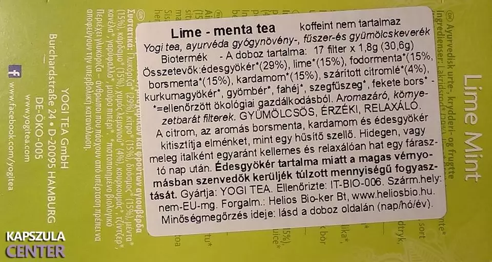 Bio Yogi lime menta tea összetevői