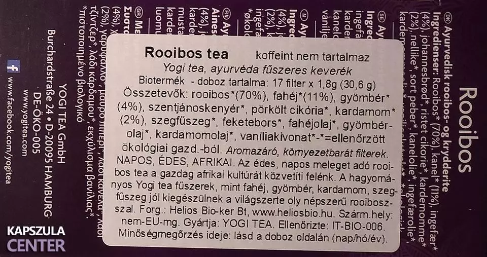 Bio Yogi rooibos tea összetevői