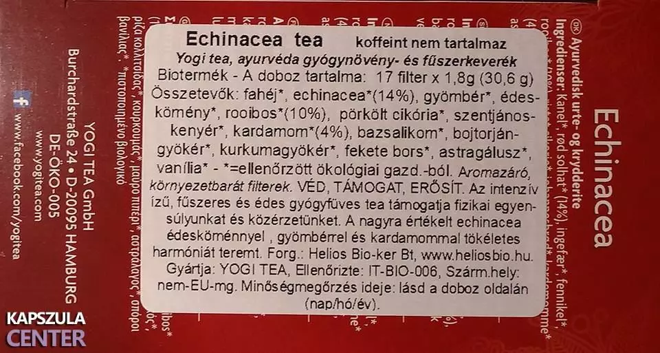 Bio Yogi Echinacea tea összetevők