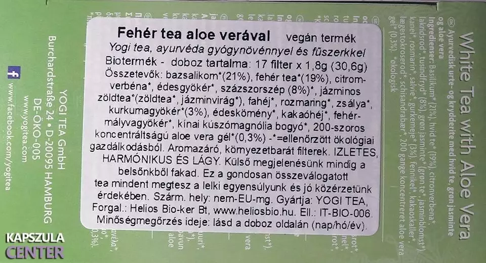 Bio Yogi fehér tea aloe verával összetevők