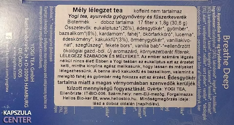 Bio Yogi mély lélegzet tea összetevői